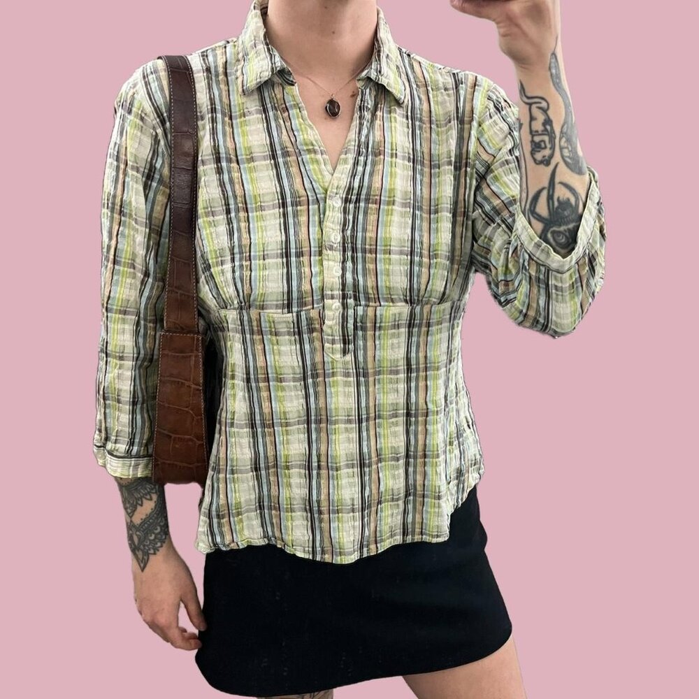 y2k plaid preppy western downtown it girl half button shirt with 3/4 sleeve